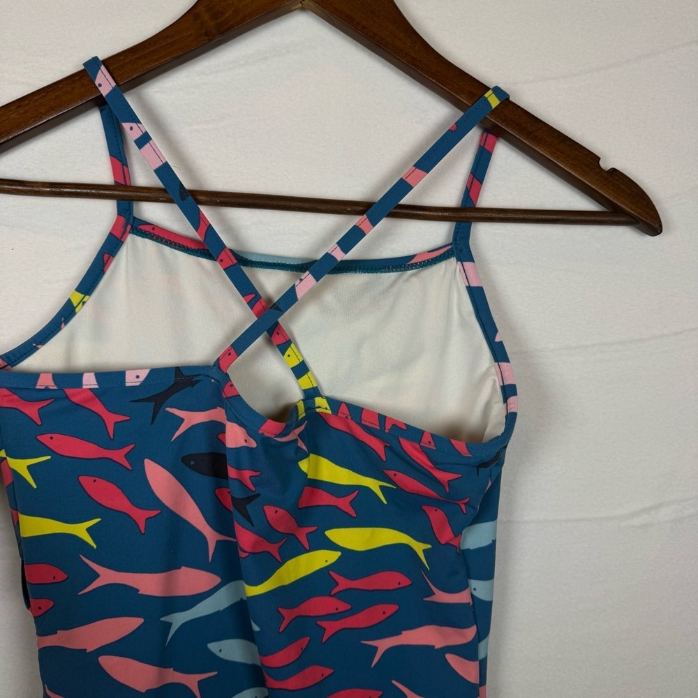 Garnet Hill Girls Size 12 Ruffle One-Piece Swimsuit Teal Fish Print Swimwear - Picture 5 of 7